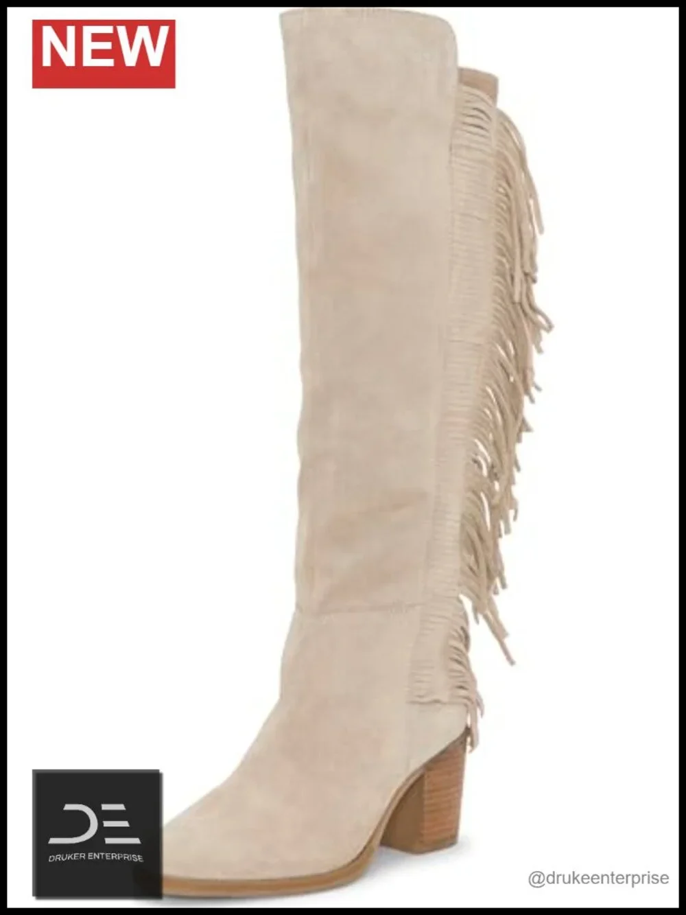 Suede Almond Toe Fringe Boots - Over the Knee Block Heel Zip Closure